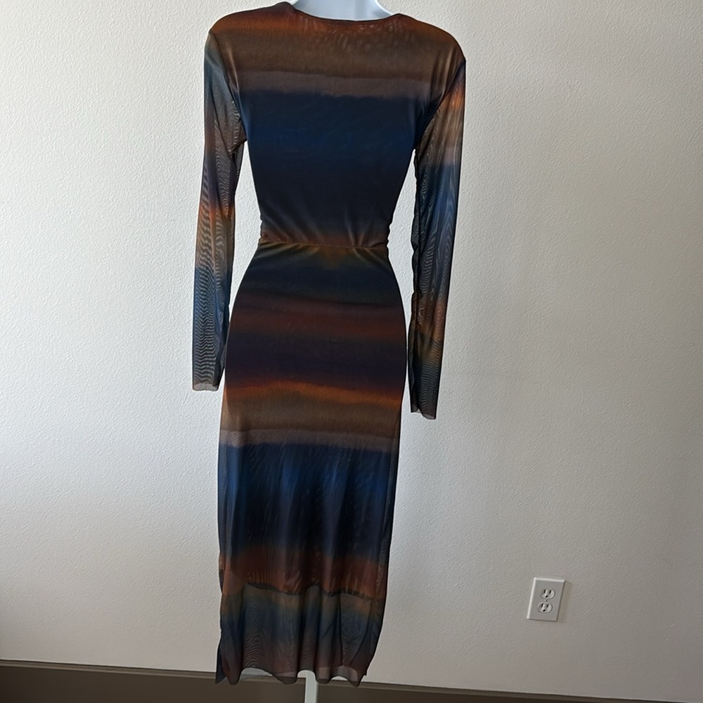 BodyCon Dress L Ruched Ombre Sunset Sheer Sleeves Y2K Dark Fairy Ethereal Grunge - Picture 2 of 15